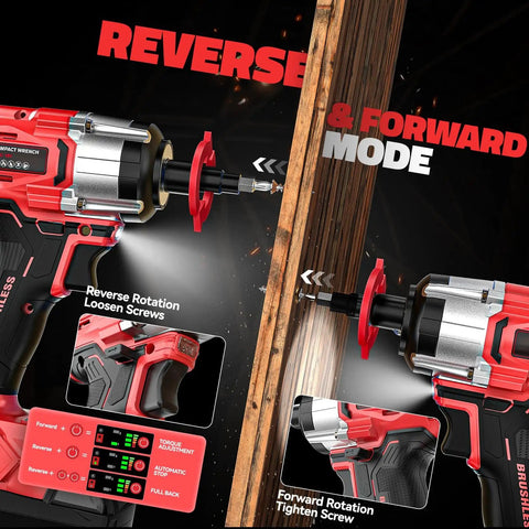 Cordless Impact Wrench Half Inch Brushless Beast Power 270 ft lbs Tightening Torque 300 ft lbs Breakaway Torque Three Speed Control Led Work Light Compatible With Milwaukee 18V Battery Bare Tool showing reverse and forward mode operations in red and black design.