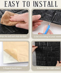 Instructions for Sleek Black 3D Wall Panels Peel And Stick Foam Brick Wallpaper Tiles DIY installation process step by step.