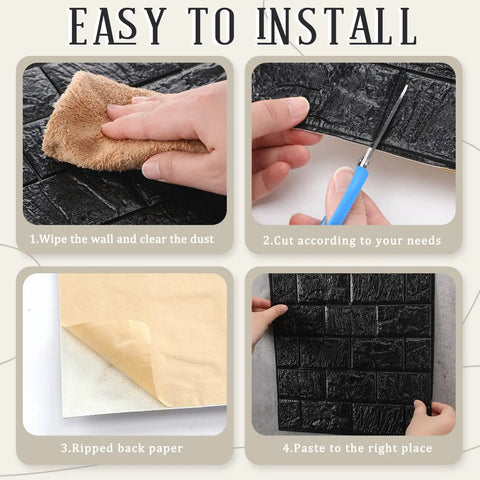 Instructions for Sleek Black 3D Wall Panels Peel And Stick Foam Brick Wallpaper Tiles DIY installation process step by step.