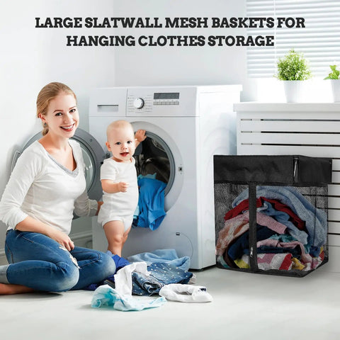 Large Mesh Slatwall Baskets Set Of 2 With 4 Hooks, 16x16x12 Inch Hanging Slat Wall Baskets used for laundry storage in a laundry room