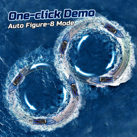 Fast 15 MPH RC Boat For Pools And Lakes With 3 Speed Modes performing figure-8 move on water, LED lights visible