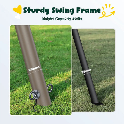 Close-up of heavy duty metal frame poles of 7.5 Ft Tall Backyard Swing Set with Spider Swing and Belt Swing on grass, green and brown