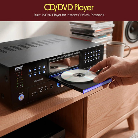 4 Channel Bluetooth Home Amplifier With Front Loading CD And DVD Player And 3000W Peak Power For Party Ready Sound Mic Echo FM Radio Optical In USB RCA Composite Outputs LED Level Meter And Rack Mount PD3000BA with CD being loaded