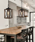 Cozy Farmhouse Pendant Light Metal Hanging Light Fixture With Wooden Grain Finish 63 Inch Adjustable Chain in modern kitchen