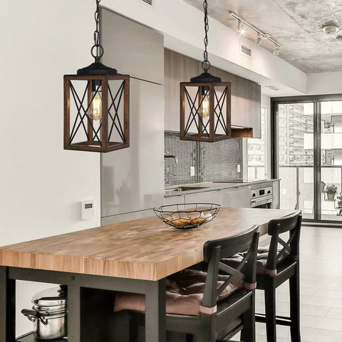 Cozy Farmhouse Pendant Light Metal Hanging Light Fixture With Wooden Grain Finish 63 Inch Adjustable Chain in modern kitchen