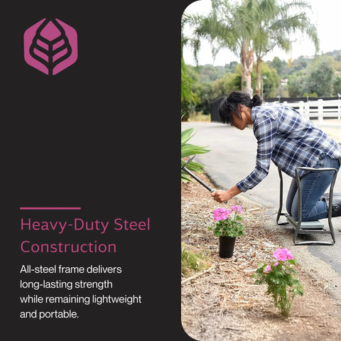 Person using Foldable Garden Kneeler And Seat For Weeding And Harvesting Heavy Duty Steel Frame Foam Padded Kneeling Bench