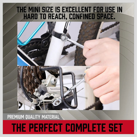 Beefy 22 Piece Mini Wrench Set With Metric And SAE Sizes used on bike repair showing high carbon steel angled design
