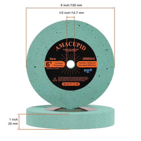 Premium Elastic Polyurethane Buffing Wheels 6 Inch 2000 Grit Silicon Carbide Abrasive For Mirror Polish On Stainless Steel And Copper With Half Inch Arbor For Bench Grinders Built Different To Go Hard And Shine, showing 6-inch wheel dimension.