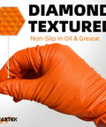 Beastek orange nitrile disposable gloves, large, diamond-textured, 50-pack, close-up on gloved hand.