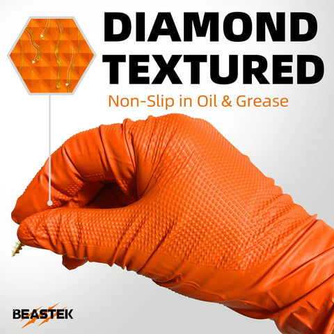 Beastek orange nitrile disposable gloves, large, diamond-textured, 50-pack, close-up on gloved hand.