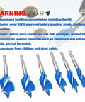 Six Piece Wood Auger Drill Bit Set For Woodworking And DIY, Sizes 1/2 In to 1-1/8 In, 4 Inch Long Bits With 1/4 Inch Quick Change Hex Shank, visible warning