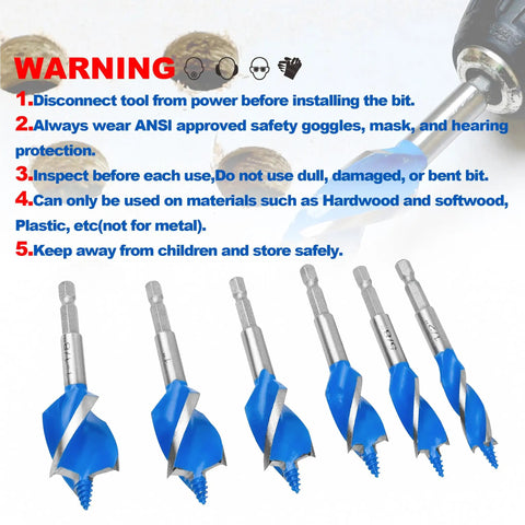 Six Piece Wood Auger Drill Bit Set For Woodworking And DIY, Sizes 1/2 In to 1-1/8 In, 4 Inch Long Bits With 1/4 Inch Quick Change Hex Shank, visible warning