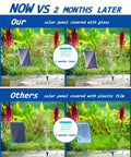 Comparison of Seven Point Five Watt Solar Water Pump For Ponds And Fountains after two months, glass vs plastic film panel.
