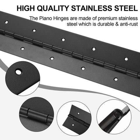Heavy Duty 16 Inch Piano Hinge, 3 Inch Wide, 0.060 Inch Thick Stainless Steel 304 Black, anti-rust feature highlighted