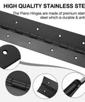Set Of Two Heavy Duty Piano Hinges Measure 48 By 3 Inches Made From Real 0.060 Thick Thirty Four Stainless Steel In Matte Black close-up of hinge features and mounting holes.
