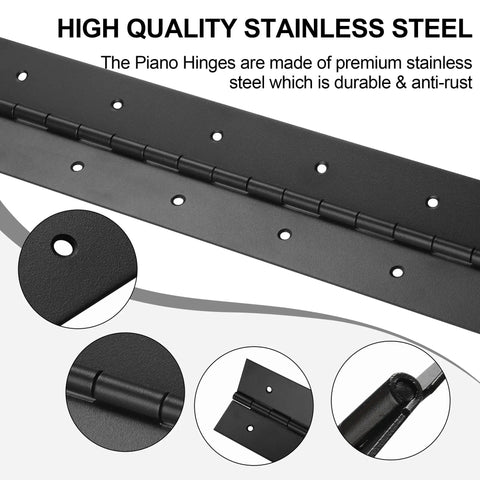 Set Of Two Heavy Duty Piano Hinges Measure 48 By 3 Inches Made From Real 0.060 Thick Thirty Four Stainless Steel In Matte Black close-up of hinge features and mounting holes.