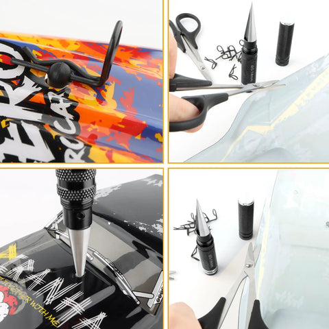RC Body Reamer Set With Hole Puncher Sleeve Curved And Straight Scissors 8 Body Clips for trimming polycarbonate RC car shells.