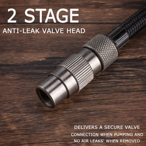 Close-up of anti-leak valve head on High Pressure Bike Shock Pump With No Loss Schrader Valve For Front Fork And Rear Suspension 400 PSI Gauge