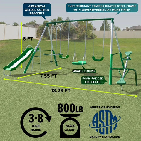 Durable Metal Backyard Swing Set For Kids With Two Swings Roman Glider Teeter Totter And 5 Ft Wave Slide sturdy 6 foot steel frame diagram