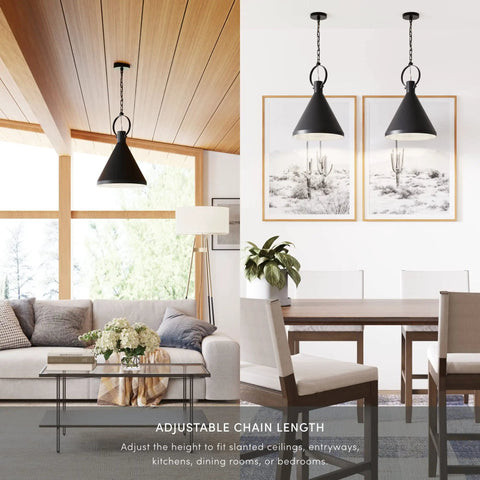 Living room and dining space with Industrial Pendant Light With Metal Shade And Adjustable Chain In Matte Black For Kitchen Island Or Dining Area Sloped Ceiling Compatible Ideal For Entryway Or Living Spaces