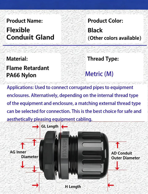 Rock Solid PA66 Nylon Corrugated Conduit Fitting Metric M Screw On Connector shown from side, ideal for connecting pipes to equipment.