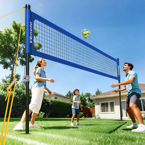 Backyard Volleyball Net Set With Pro Grade Sturdy Winch No Sagging Tension For A Tight Competitive Play Portable Outdoor Poles Adjustable Height Includes Volleyball And Carry Bag For Beach Or Grass set up in backyard with family playing