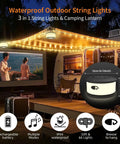 3 In 1 Camping String Lights With Retractable RGB LEDs illuminating an outdoor camper setup at night.