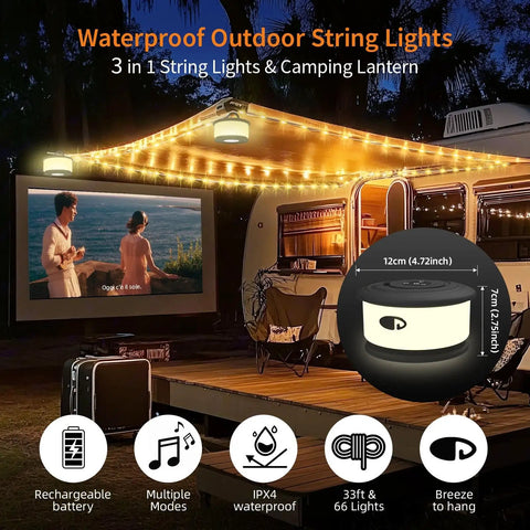3 In 1 Camping String Lights With Retractable RGB LEDs illuminating an outdoor camper setup at night.