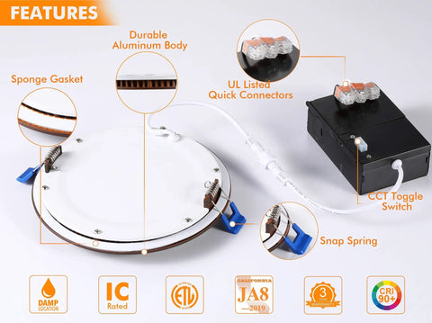 Six Inch LED Recessed Light Canless Wafer Downlight 15W Dimmable With Three Color Temperature 3000K 4000K 5000K CRI 90 IC Rated Ultra Thin Oil Rubbed Bronze Finish 6 Pack highlighting components and features