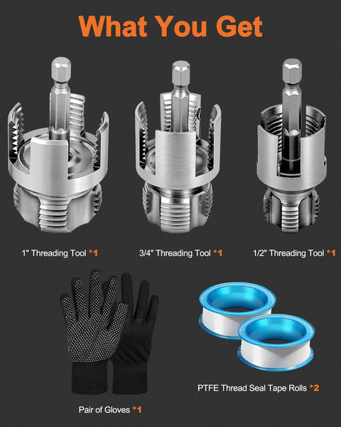 Heavy Duty 3PCS Carbon Steel Pipe Threading Tool Kit for 1/2 3/4 and 1 Inch PVC Pipes drill compatible dies with gloves and tape