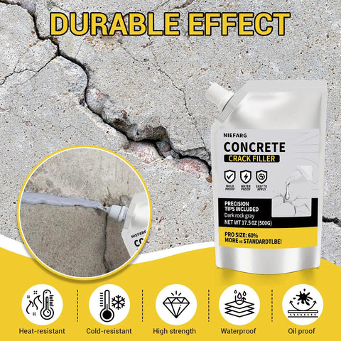 Self Leveling Concrete Crack Filler For Driveways And Patios, pouch packaging with close-up of applied crack filler on concrete surface
