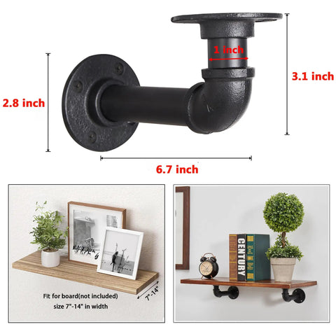 Heavy Duty 3/4 Inch Iron L Pipe Shelf Brackets For Wood Shelves Wall Mount Floating Shelving Black Finish, top view and installed examples