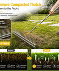 Dual Sided 15 Inch Dethatching Rake With Sharp Steel Tines And 70 Inch Adjustable Handle For Lawns shown used on grass