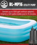 115 Volt 1/6 HP Submersible Utility Pump With 1300 GPH Flow beside a blue inflatable pool on grass