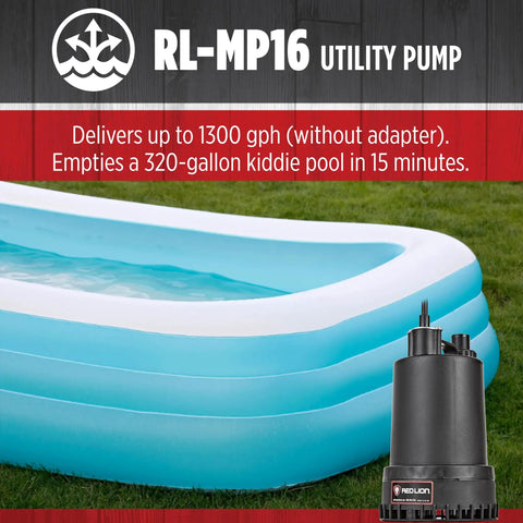 115 Volt 1/6 HP Submersible Utility Pump With 1300 GPH Flow beside a blue inflatable pool on grass