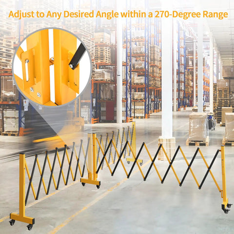 16Ft Industrial Expandable Barricade Gate With Wheels in a warehouse showcasing 270-degree adjustability and durable aluminum alloy.