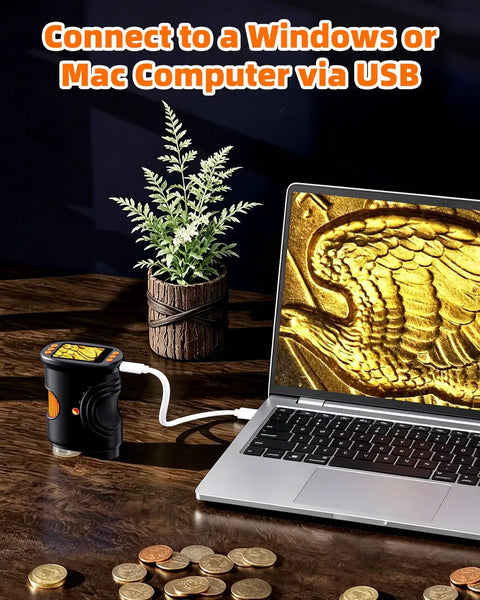 Explore Tiny Worlds With A 1000x Coin Microscope With Built In Lights 2 Inch LCD Display 8 Adjustable LEDs Portable Rechargeable Handheld Magnifier For Coins Gems Jewelry And More Works With Windows And Mac connected by USB to laptop