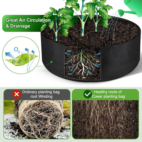 Graphic of 15 Gallon Heavy Duty Felt Fabric Grow Bag Planter For Backyard with healthy plant roots and air circulation icons.