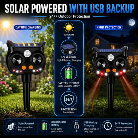 Solar Ultrasonic Animal Repeller With LED Strobe, Motion Sensor, And Adjustable Volume For Yard Deterrence Against Deer, Cats, Skunks, Squirrels, Raccoons Fortress Pro 4 Pack, solar powered with USB backup