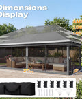 Pop Up Gazebo 10x20 Foot Instant Portable Canopy Shelter Easy One Person Setup shown with dimensions and accessory kit
