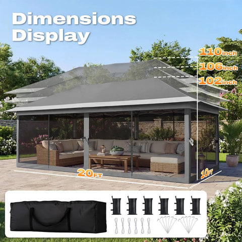 Pop Up Gazebo 10x20 Foot Instant Portable Canopy Shelter Easy One Person Setup shown with dimensions and accessory kit