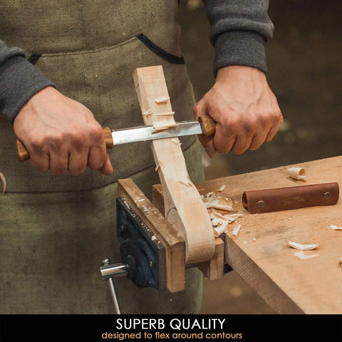 Straight Draw Knife For Wood Carving Featuring Hella Comfy Solid Oak Handles Coated In Natural Linseed Oil in use, trimming wood.