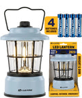 Retro LED Lantern for Outdoor Adventures and Emergencies, blue lantern with batteries and packaging visible