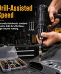 Rivet Nut Kit With Organizer Box M3 Through M8 Drill Adapter Set Includes 10 Pcs Per Model With Custom Slots For Mandrels And Hardware, Pro Grade Workshop Essential For Automotive And Metalworking DIY Projects, Keeps It Neat And Ready To Tackle. drill adapter installed on metal panel