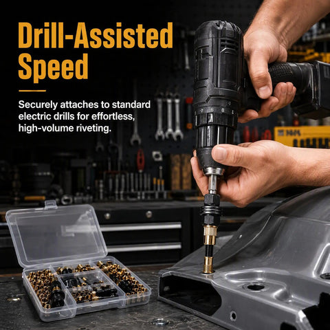Rivet Nut Kit With Organizer Box M3 Through M8 Drill Adapter Set Includes 10 Pcs Per Model With Custom Slots For Mandrels And Hardware, Pro Grade Workshop Essential For Automotive And Metalworking DIY Projects, Keeps It Neat And Ready To Tackle. drill adapter installed on metal panel