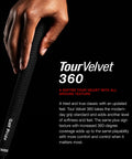 Tour Velvet 360 Golf Grip Midsize White 1 Pack displayed in hand showcasing non-slip texture and soft feel for control.