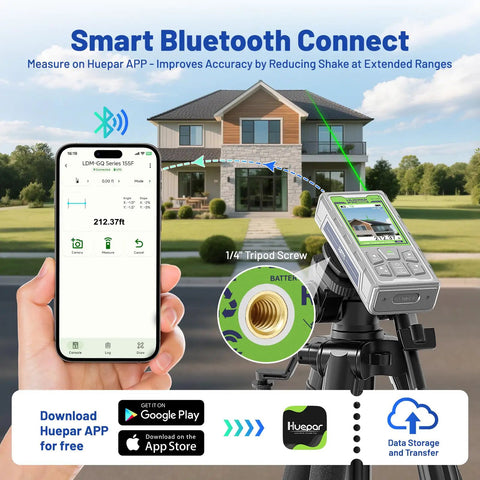 Outdoor Long Range Green Laser Measure With Camera And Bluetooth, 260 Feet Range, P2P Technology, IP68 Rugged, Free App Included, Micro USB Cable, Hand Strap And Pouch, Accuracy Within One Sixteenth Inch, on tripod with phone app