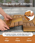 Hands installing Interlocking Acacia Deck Tiles For Patios And Walkways, Easy Tool-Free Installation, Raised Base Drainage, 12 x 12 x 0.9 Inch