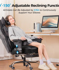 Big And Tall Ergonomic Office Chair With Wide Back Plush Leather Heavy Duty Build Built In Lumbar Support Pocket Spring Cushions Adjustable Armrests Integrated Footrest 150 Degree Recline Boss Level Comfort Deluxe Embossed Leather Look in use, girl sitting, desk, PC, reclined position, home office setup.