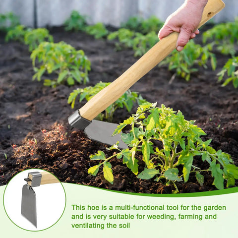 Heavy Duty Curved Garden Hoe Workhorse 15 Inch Stainless Steel Mattock With Wooden Handle used for weeding in a garden
